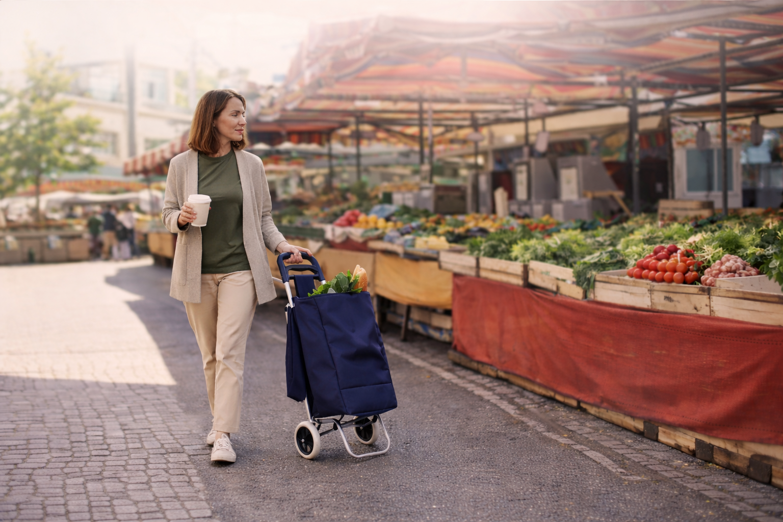 Жінка котить сумку-візок з продуктами на ринку