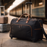 Дорожня сумка на колесах стоїть на платформі вокзалу поруч із валізами