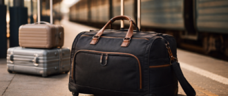 Дорожня сумка на колесах стоїть на платформі вокзалу поруч із валізами