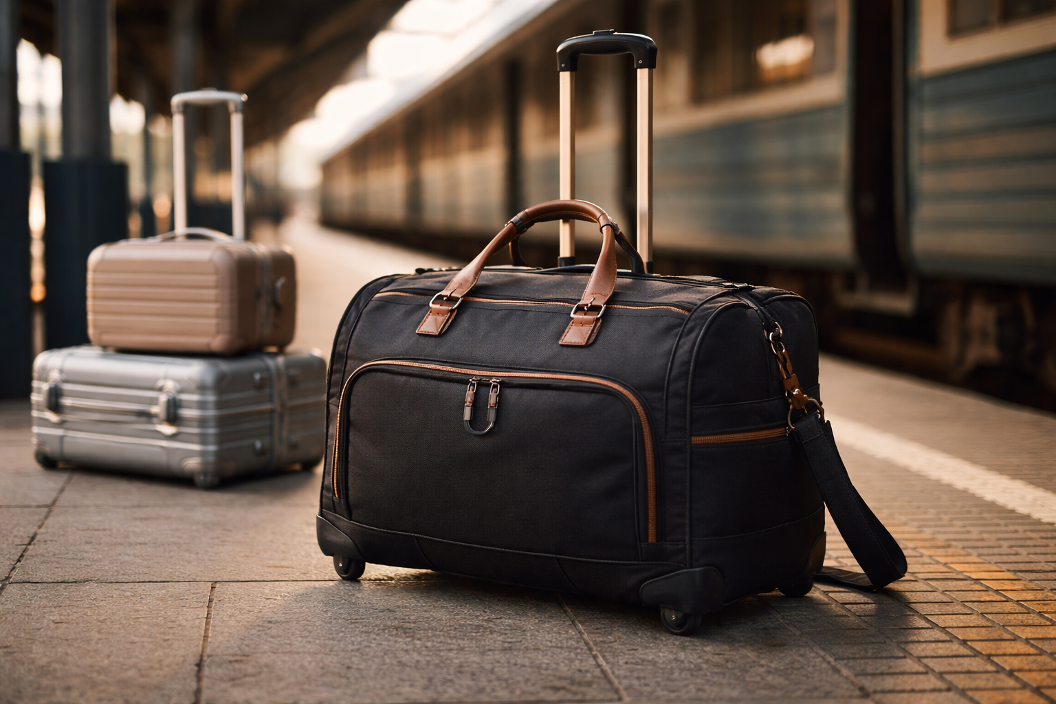 Дорожня сумка на колесах стоїть на платформі вокзалу поруч із валізами